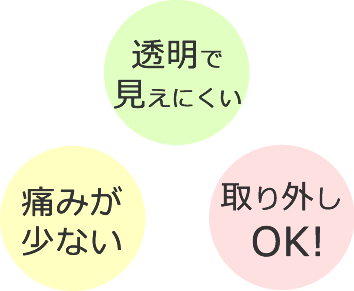 透明で見えにくい、痛みが少ない、取り外しOK